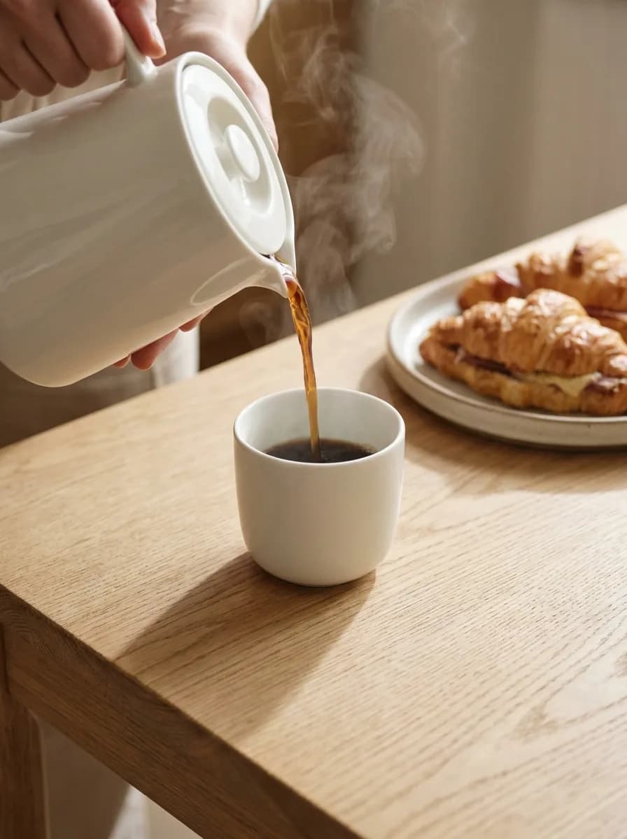 Návrh vzhledu: nalévání filtrované kávy z konvice do šálku