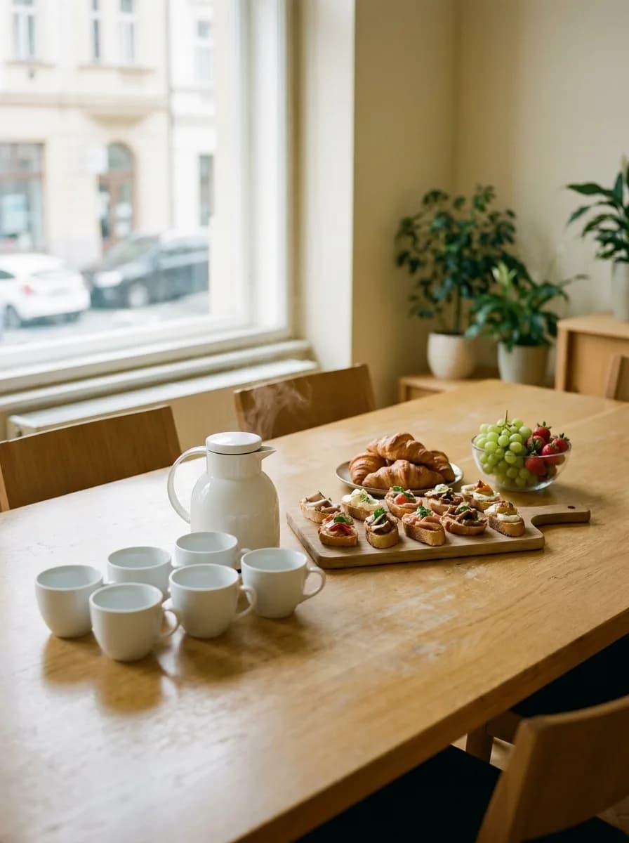Návrh vzhledu: coffee break na stole v zasedačce — konvice, šálky, pintxos na prkně, croissanty a ovoce